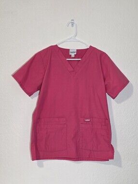 Landau Pink V-Neck Scrub Top Womens Small 2-Pocket Short Sleeve Medical Uniform